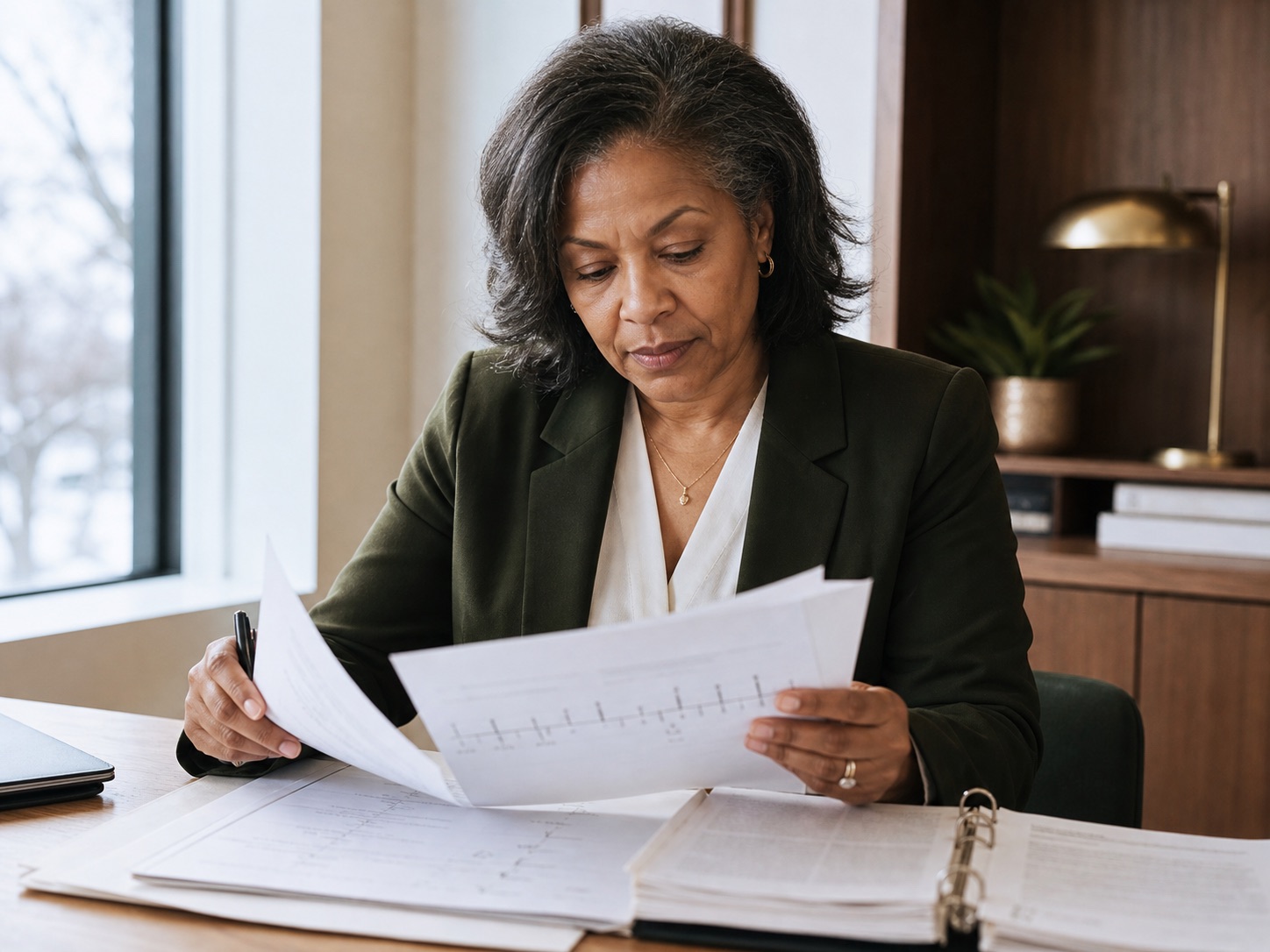 Close view of a legal professional reviewing an injury claim file
