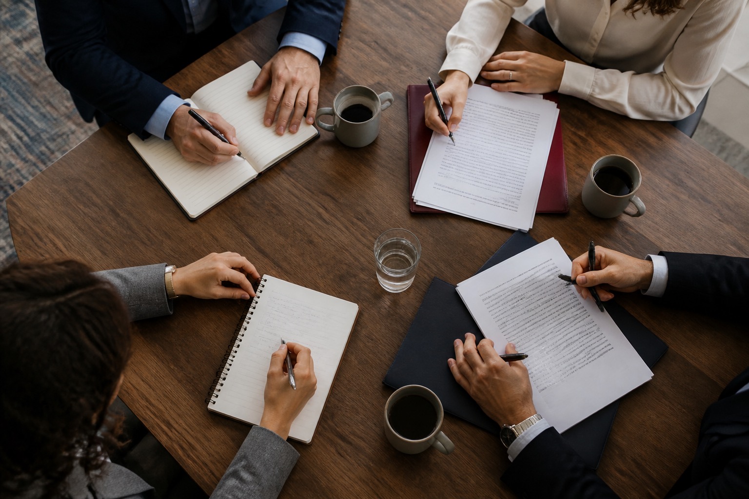 A legal team reviewing documents together at a table