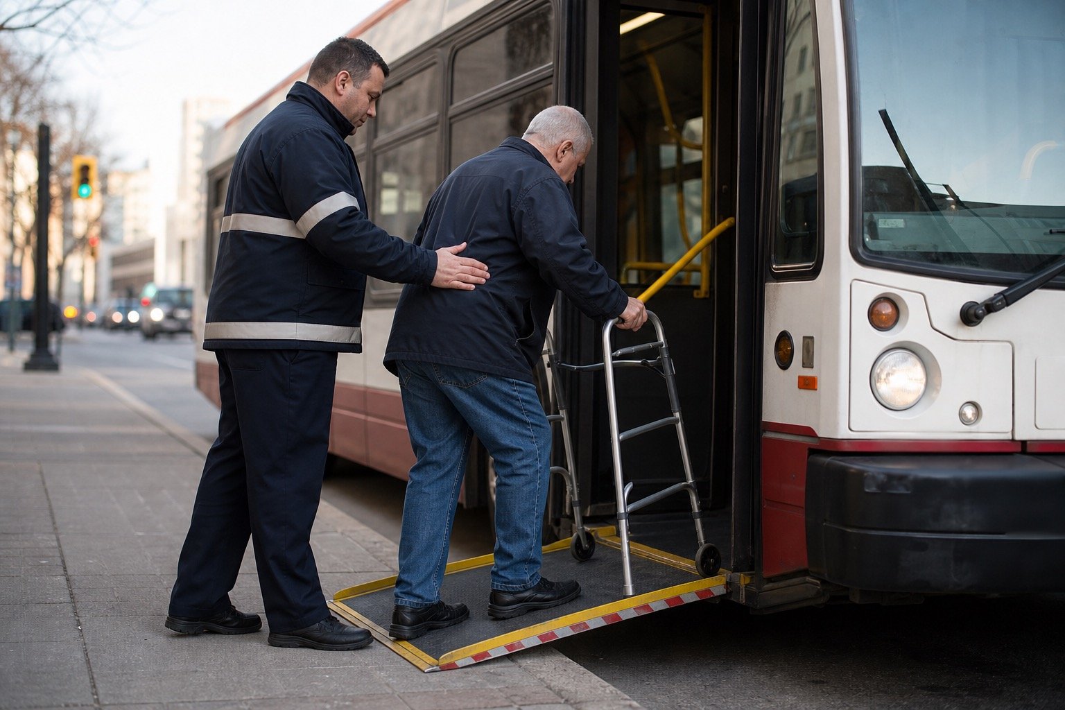 Adult boarding accessible public transit with assistance