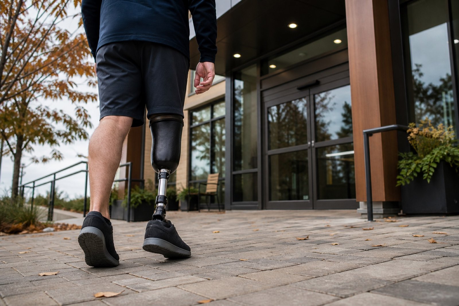Adult with a prosthetic limb approaching an accessible rehabilitation clinic