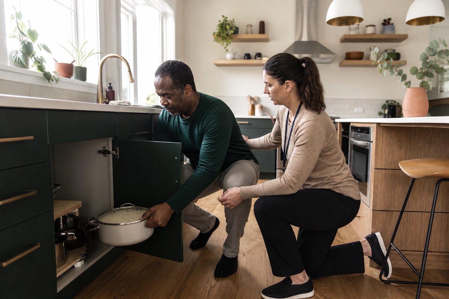 A person practising an everyday kitchen task with an occupational therapist