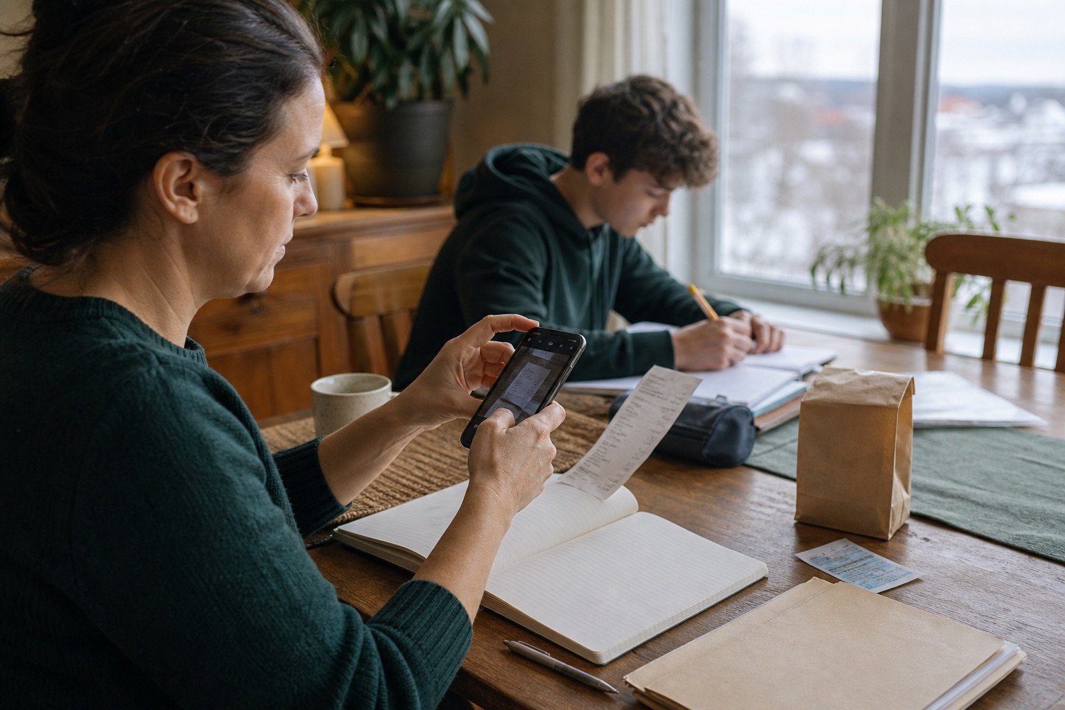 A person keeping receipts and notes organized at home after a collision
