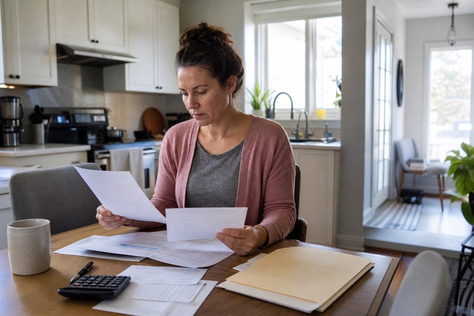 Claim papers and a notebook on a kitchen table