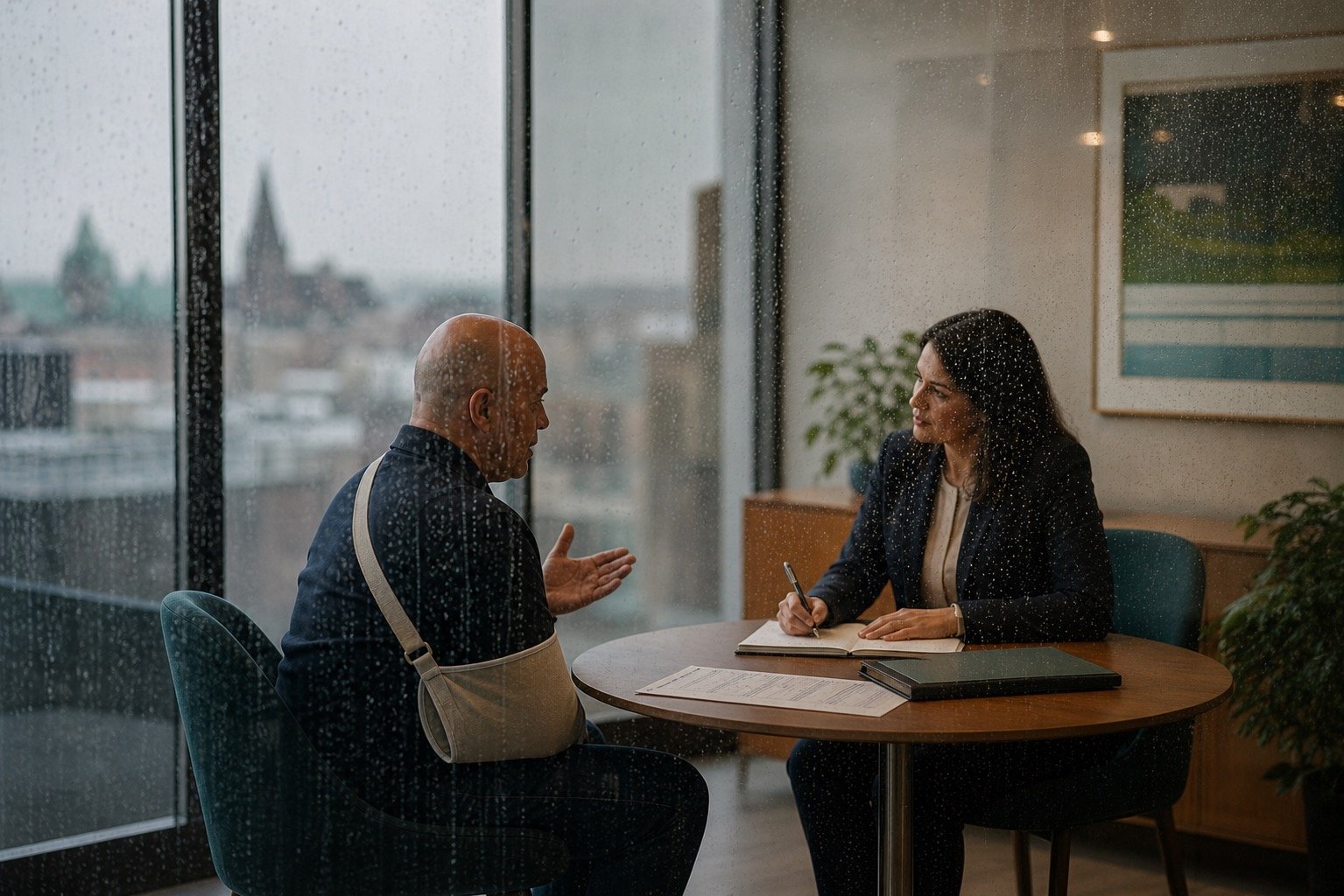 Client speaking with a professional through rainy glass