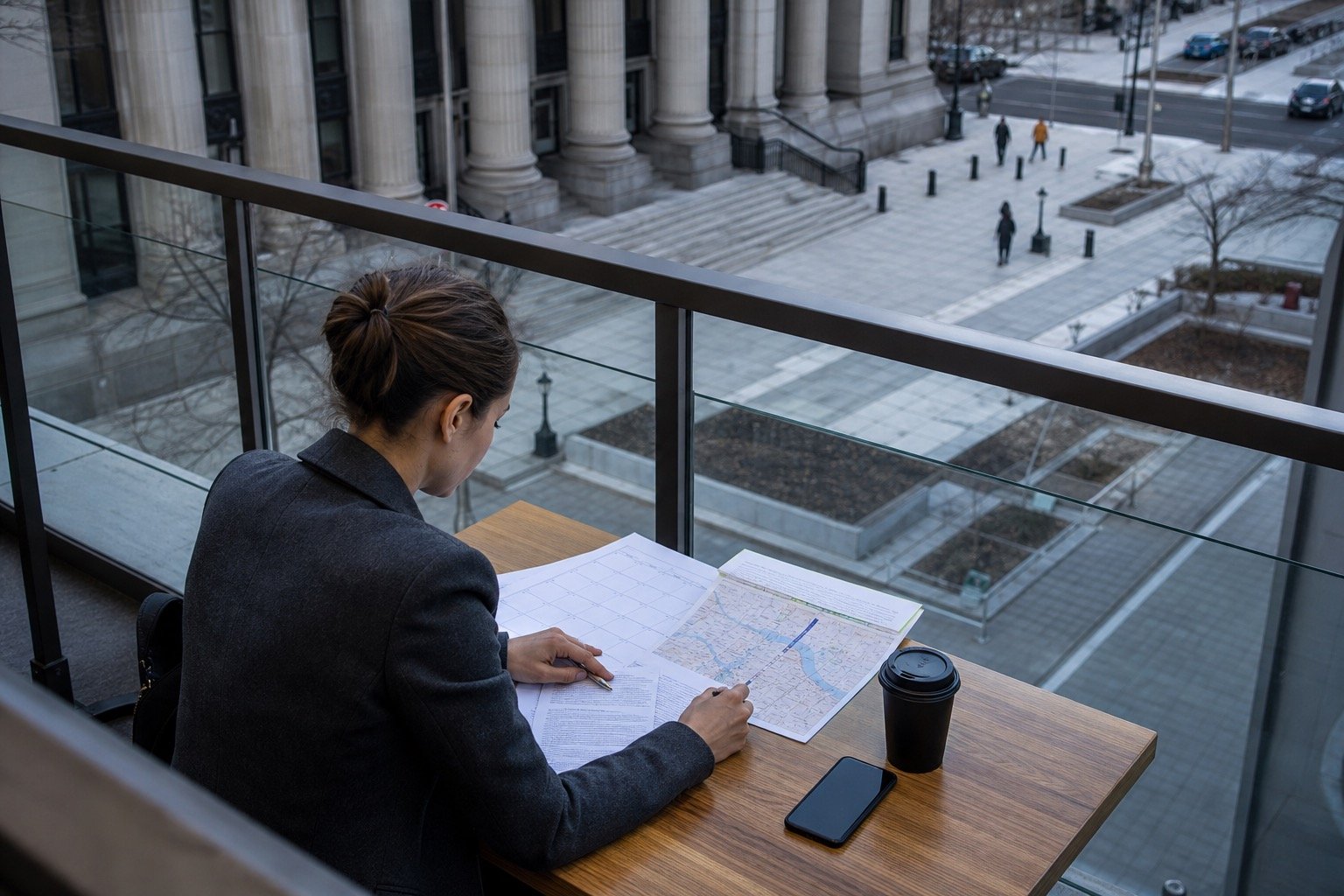 Case preparation viewed from above near an Ottawa civic building