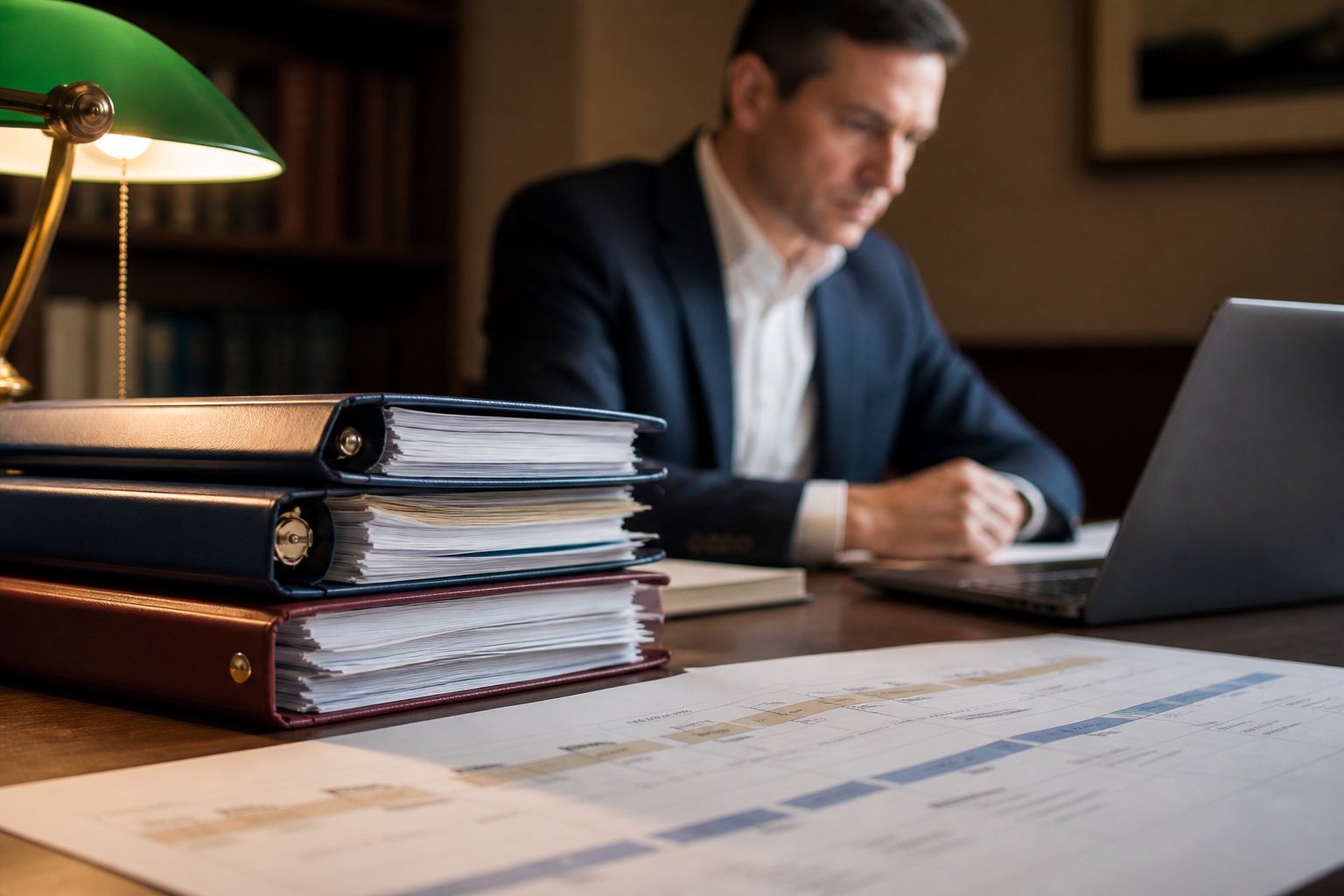 A legal professional reviewing organized injury-claim binders