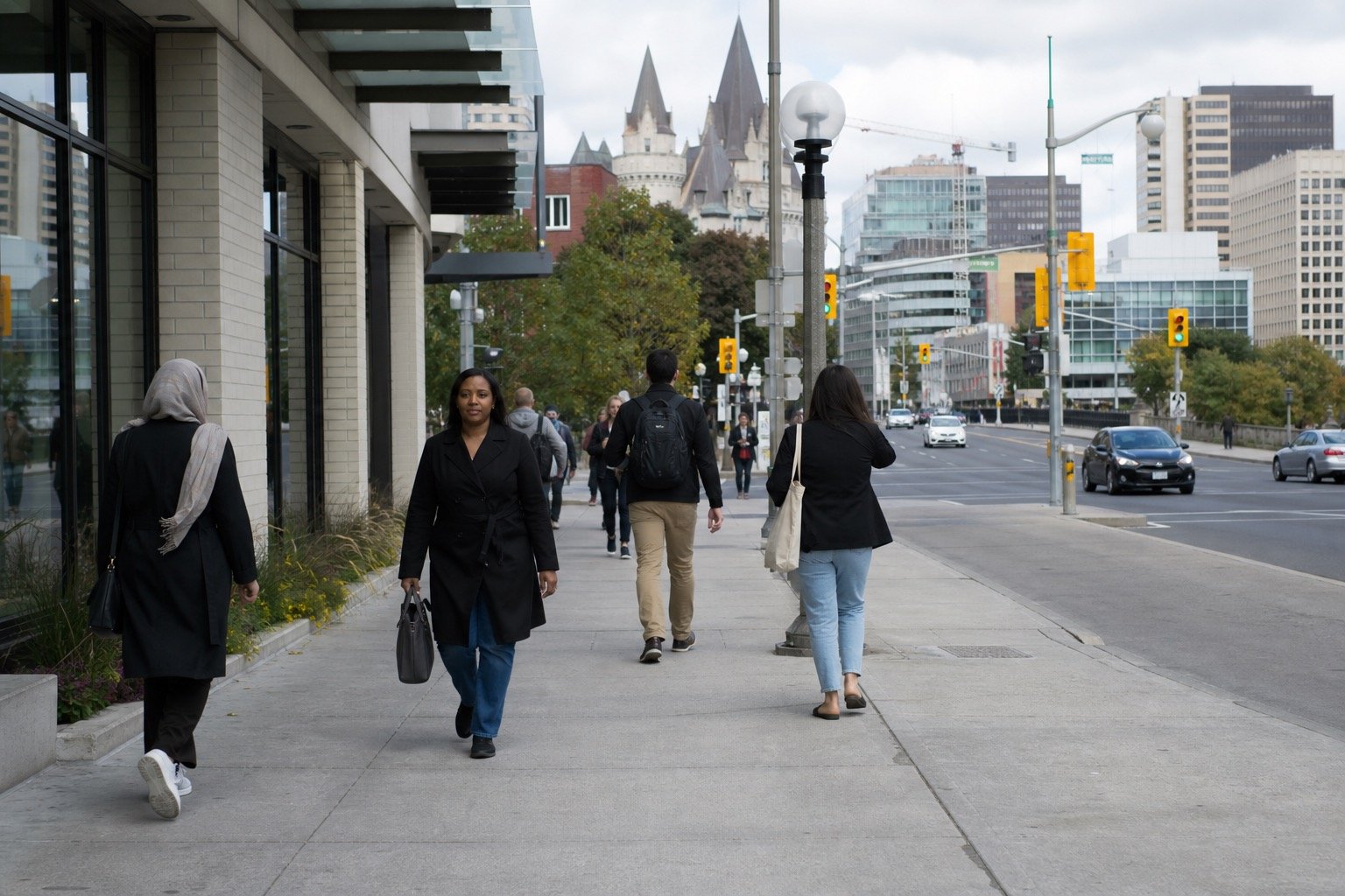An everyday Ottawa road and pedestrian scene