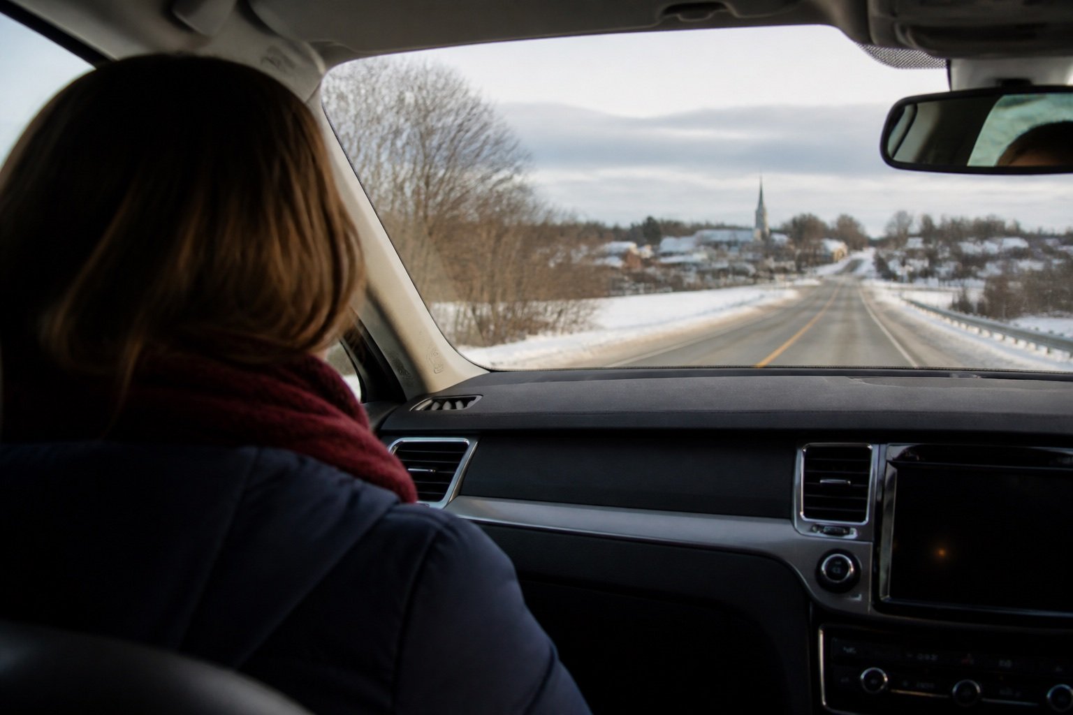 A winter drive toward a small Eastern Ontario community seen over a passenger's shoulder