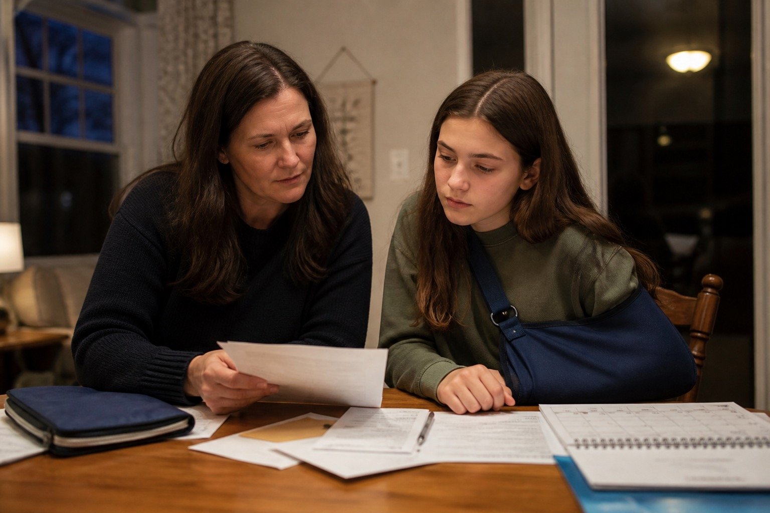 Parent and teenager organizing appointment and school records
