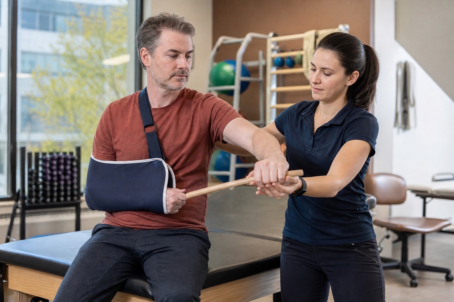 An adult working through a careful arm rehabilitation exercise