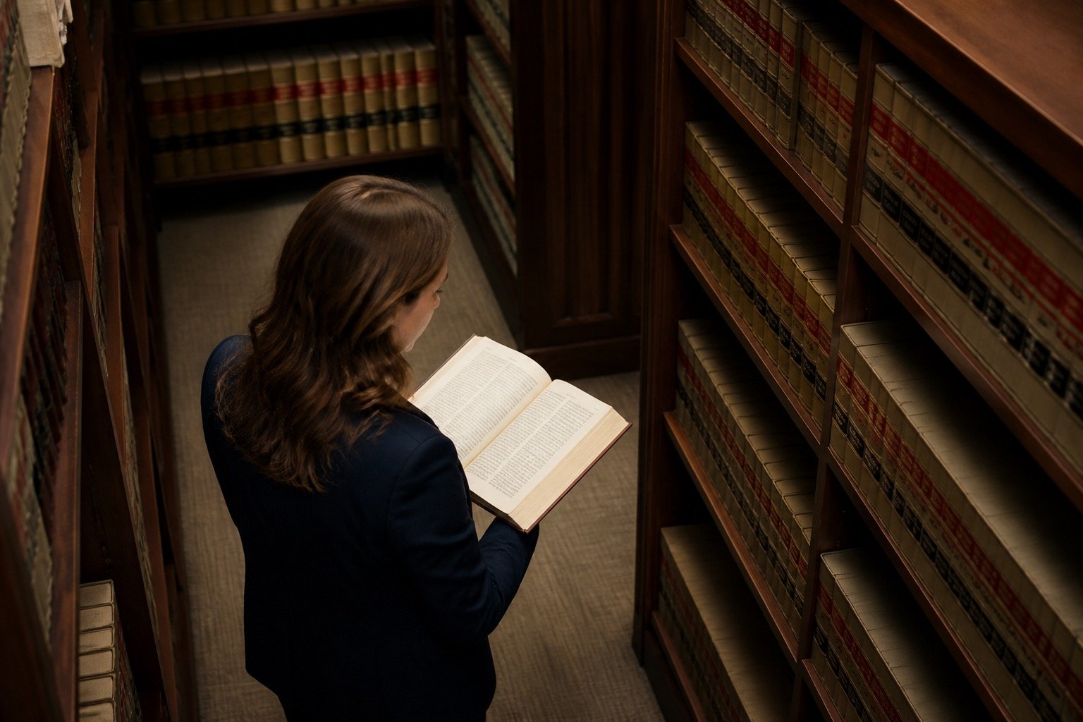 Person consulting legal sources in a library