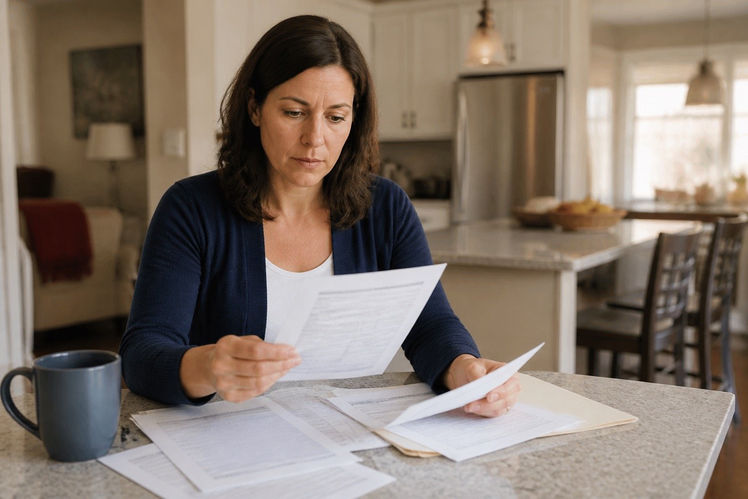 Adult reviewing disability denial records at home