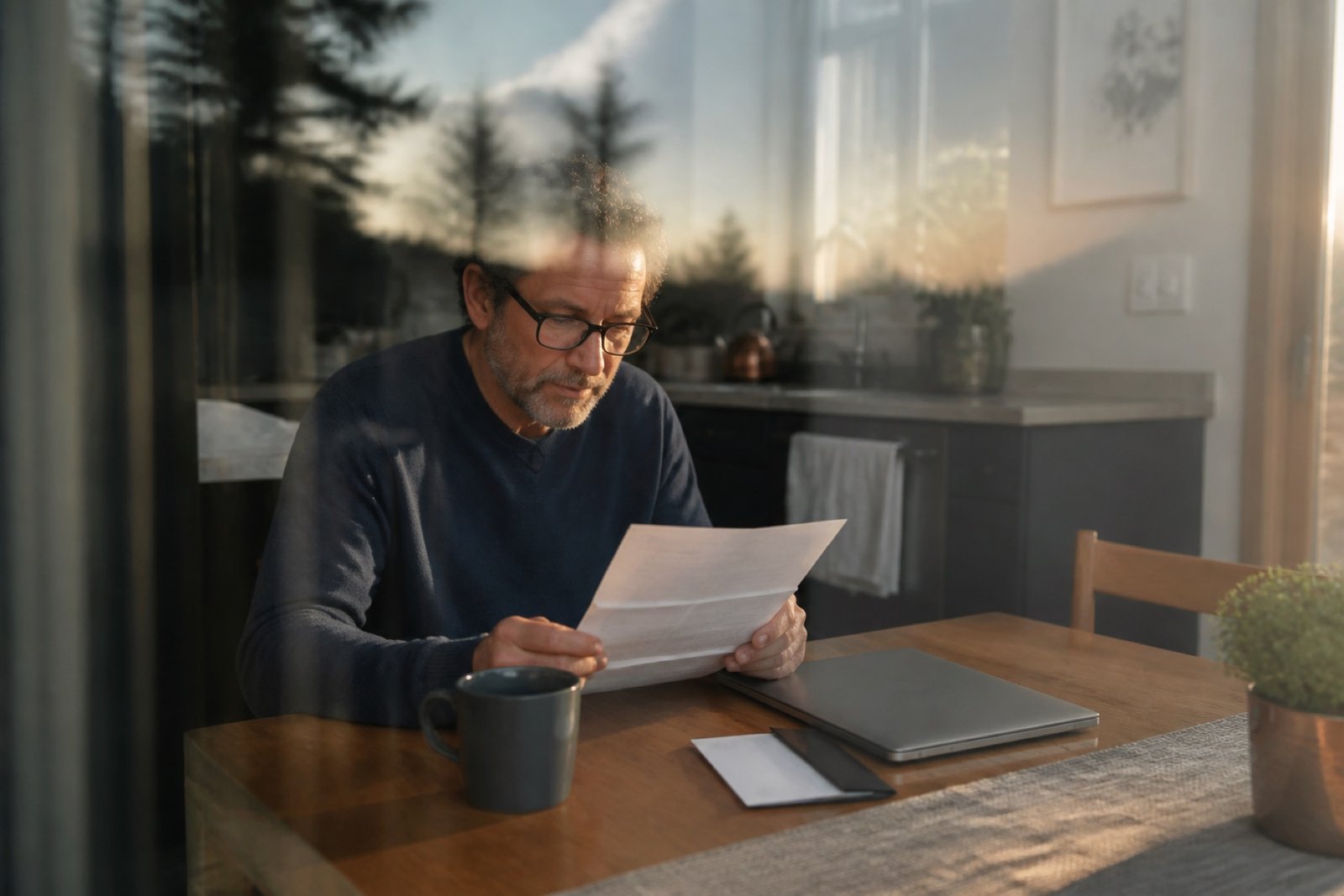 Adult reading disability policy documents through window reflections