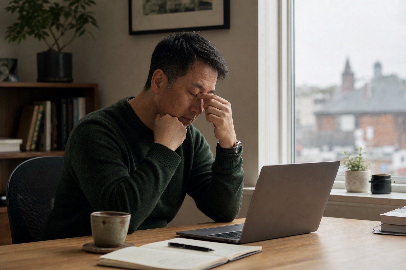 A professional pausing during an attempt to work from home because of fatigue