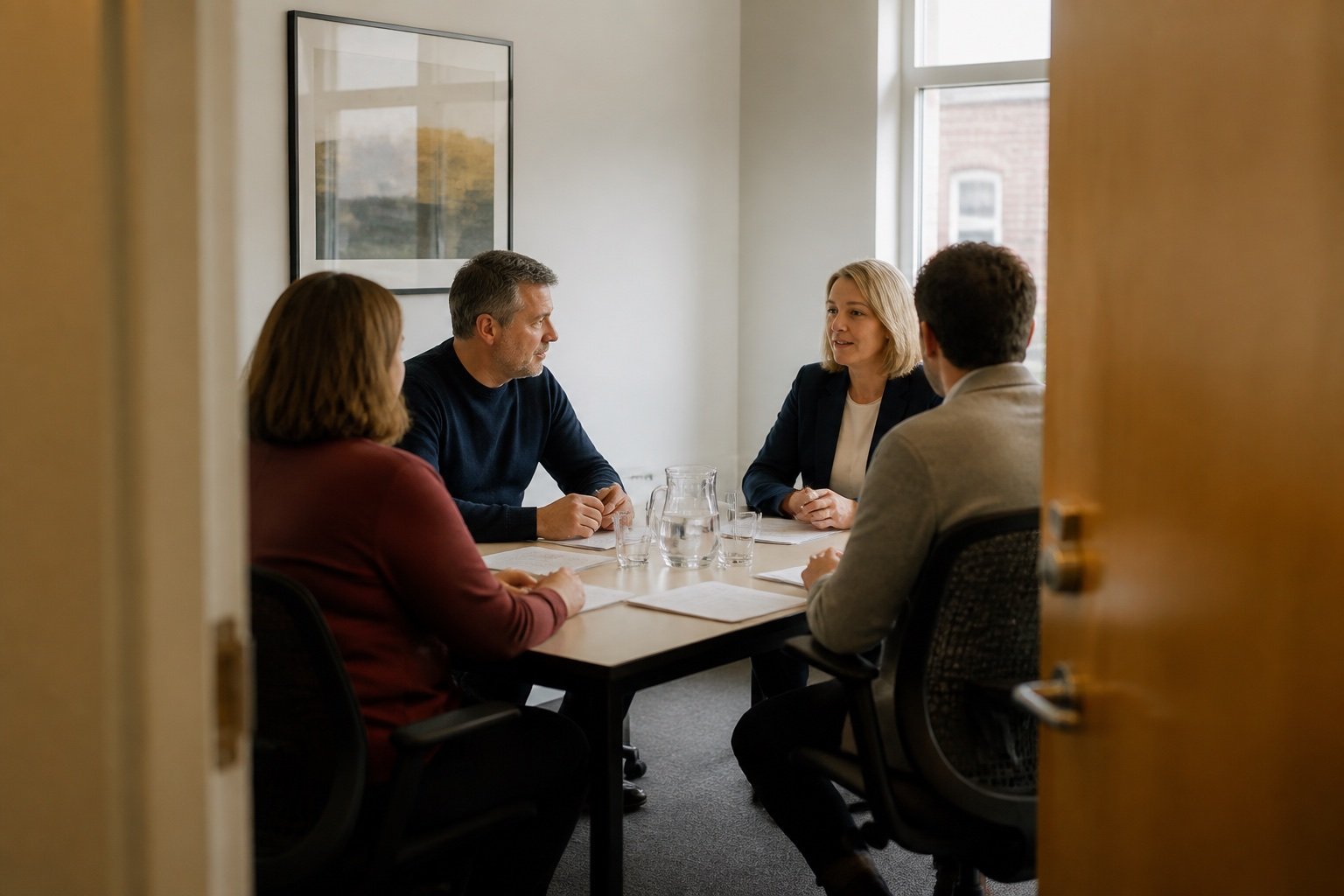 A calm injury-claim mediation meeting seen through an office doorway