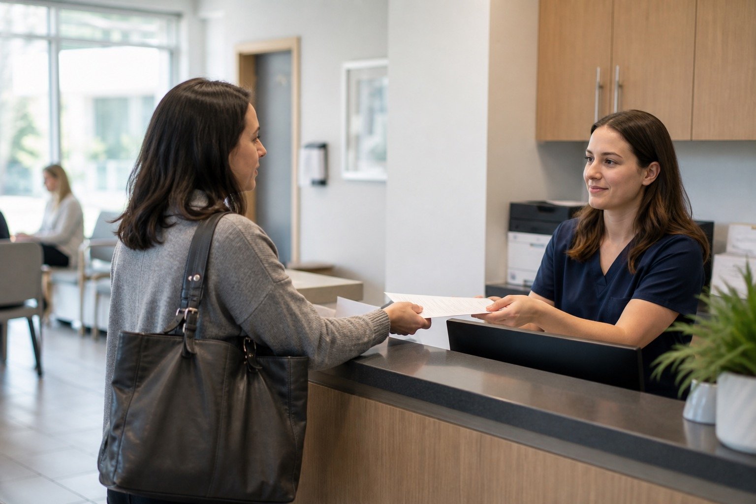 Patient requesting records at a clinic desk