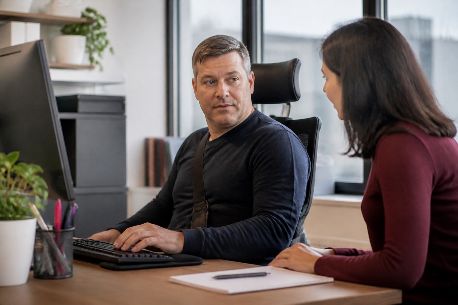 An employee discussing modified work with a colleague in an Ottawa office