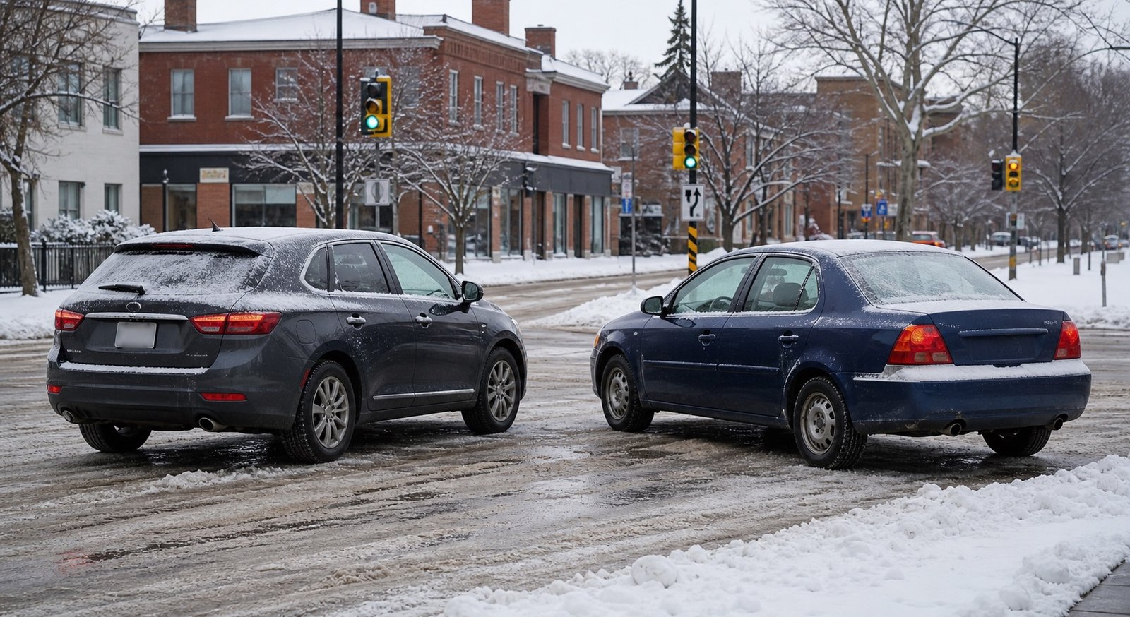 Two unbranded vehicles on a snowy Ottawa street