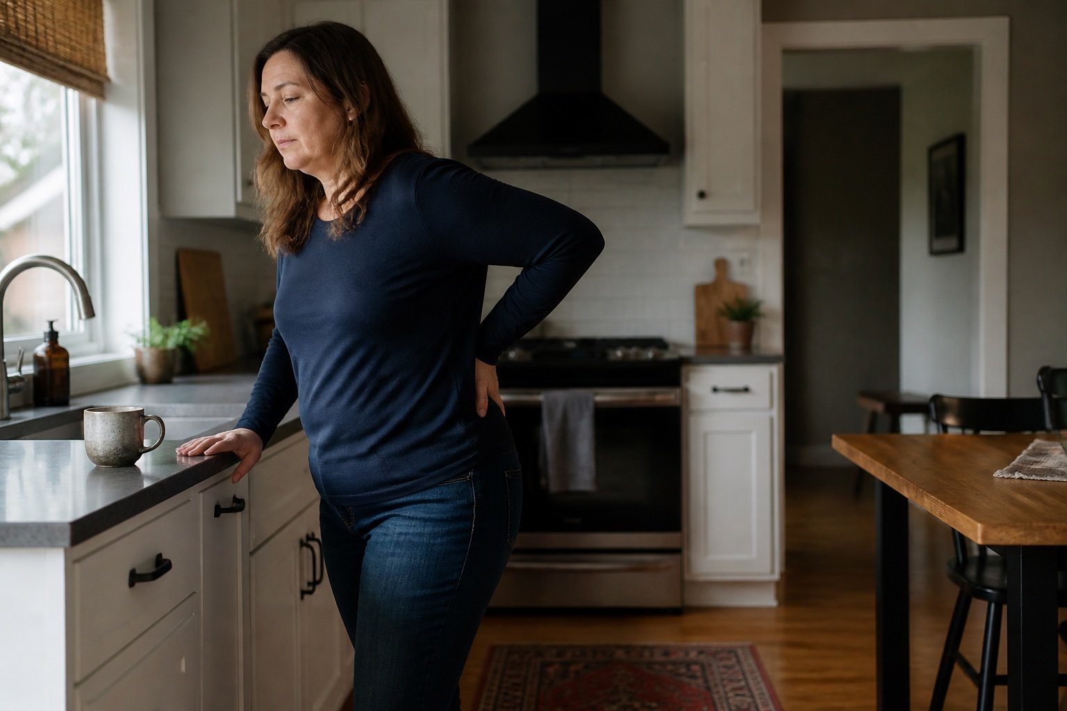 A person pausing during an everyday kitchen task because of persistent pain