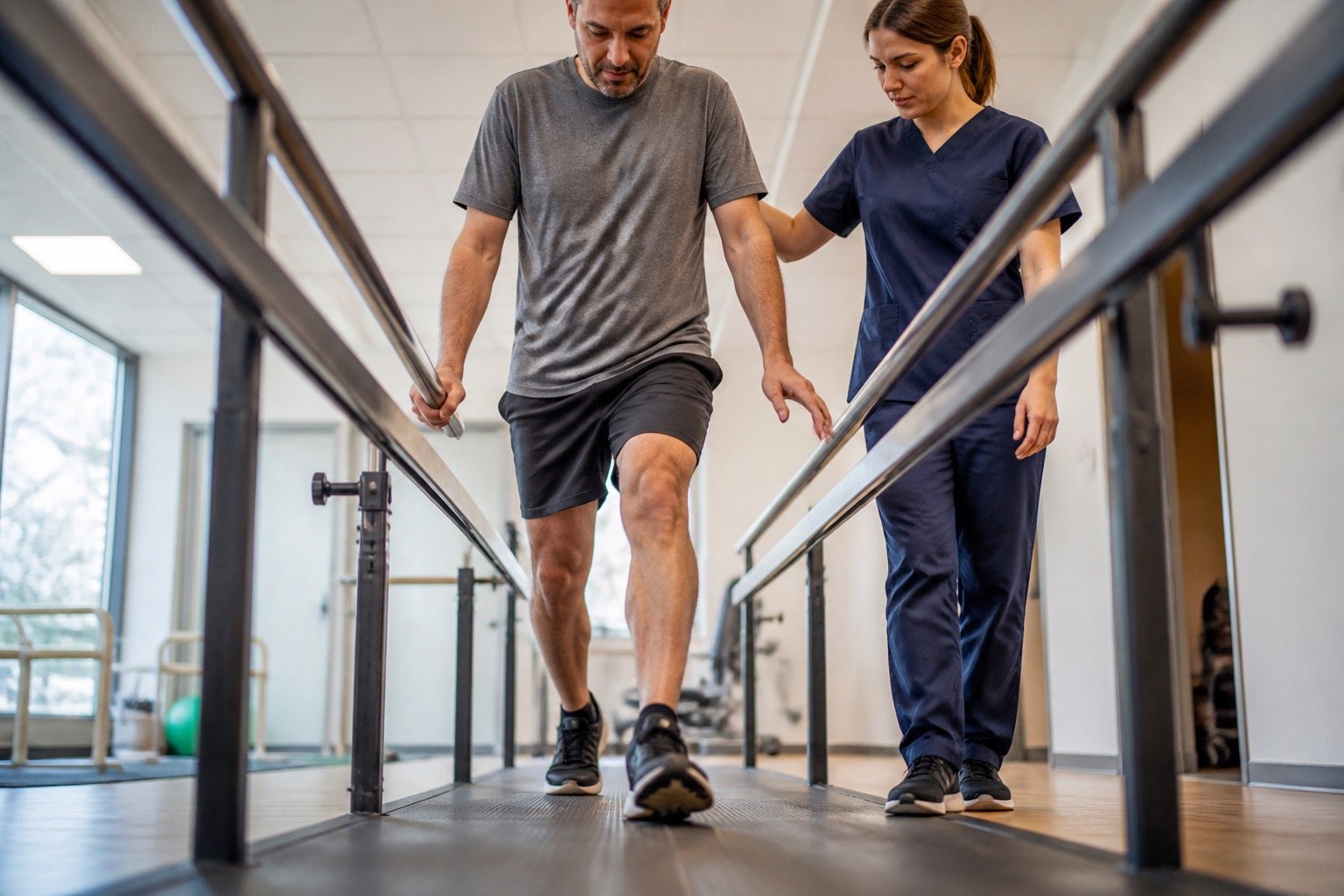 Low-angle view of a rehabilitation session between parallel bars