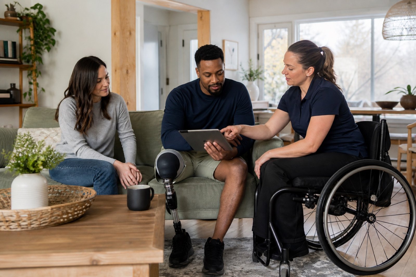 Care team planning long-term rehabilitation for a serious injury