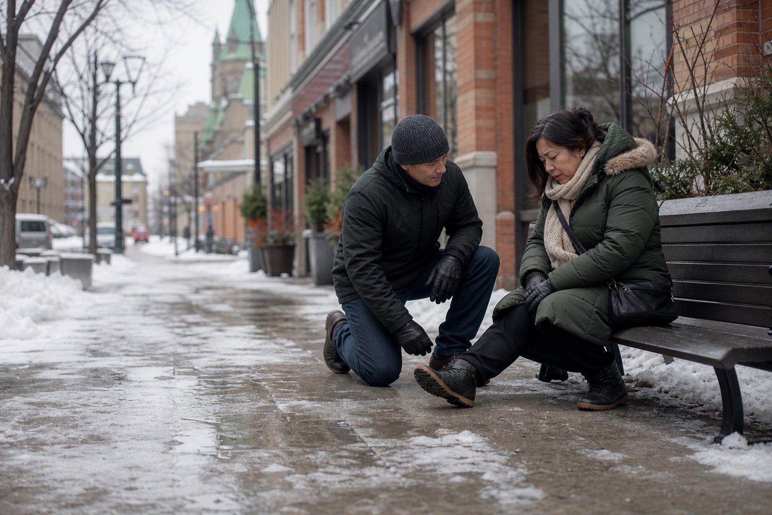 A person being helped after a winter fall on an icy Ottawa walkway