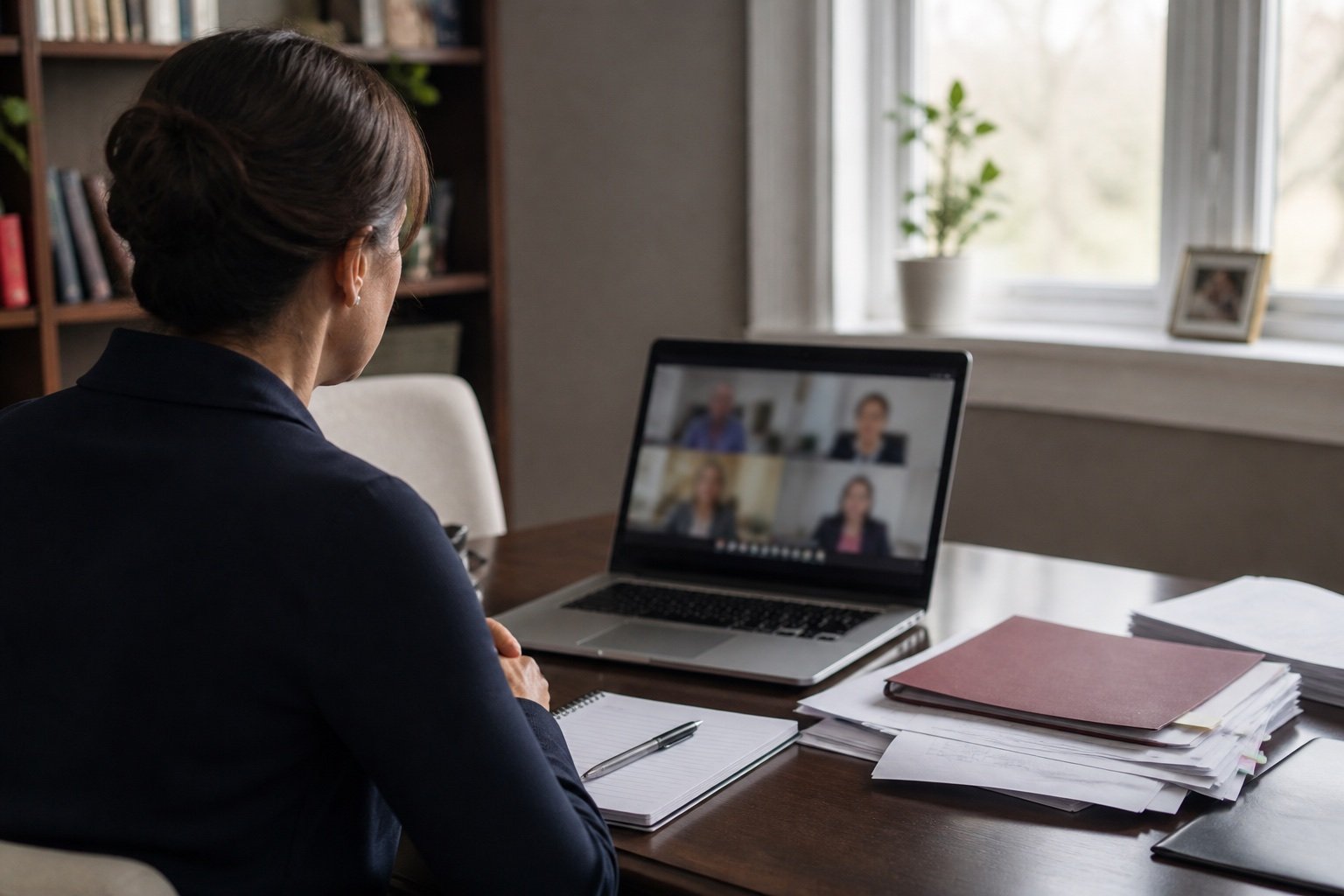 A legal professional attending a remote tribunal hearing from an organized home office