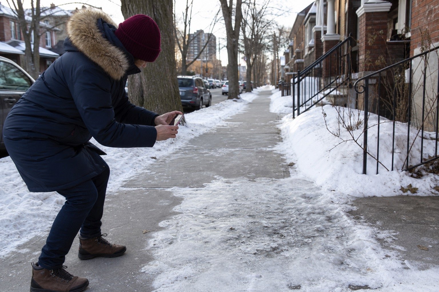 Adult safely photographing an icy Ottawa sidewalk