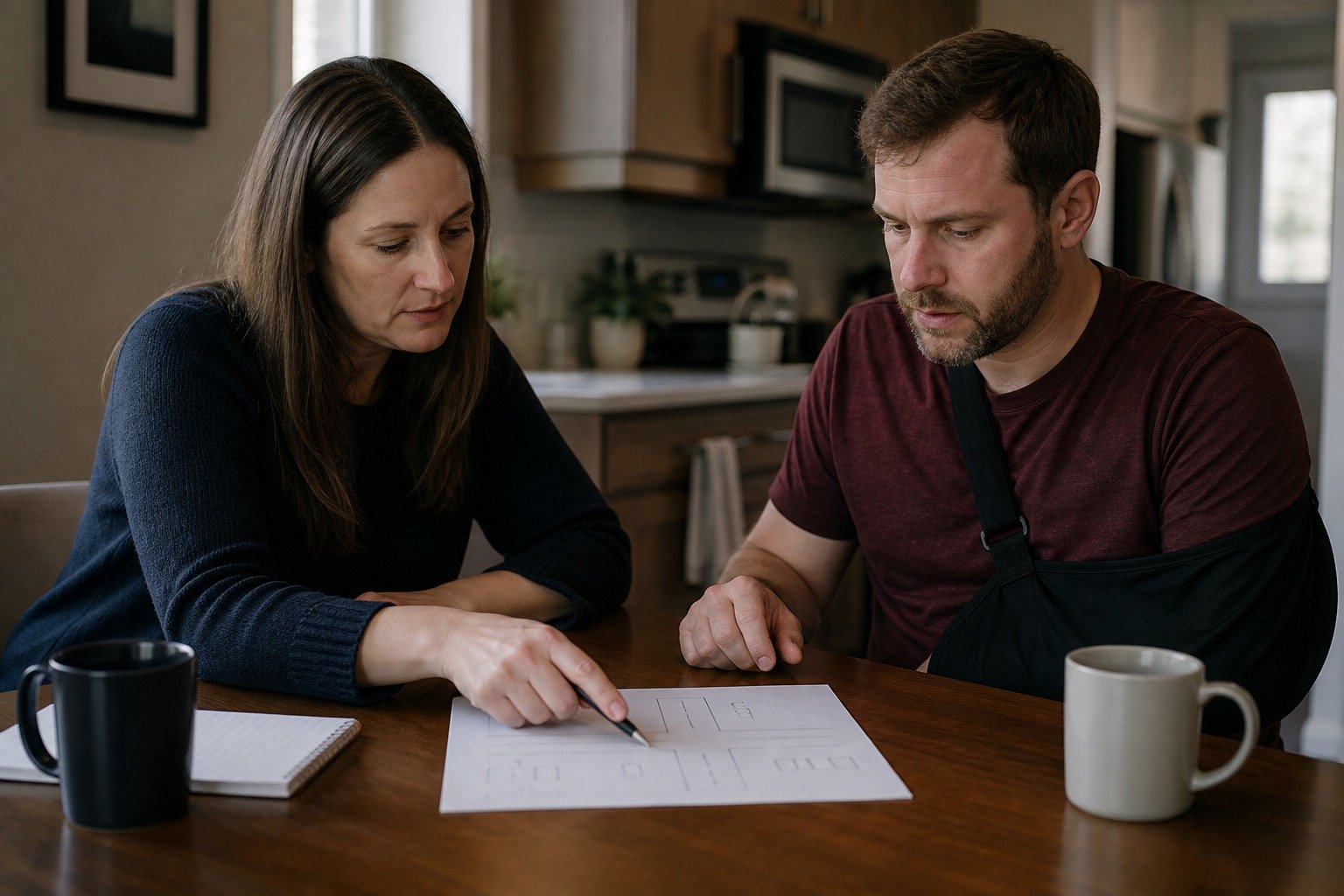 Two adults calmly discussing an incident over a worksheet
